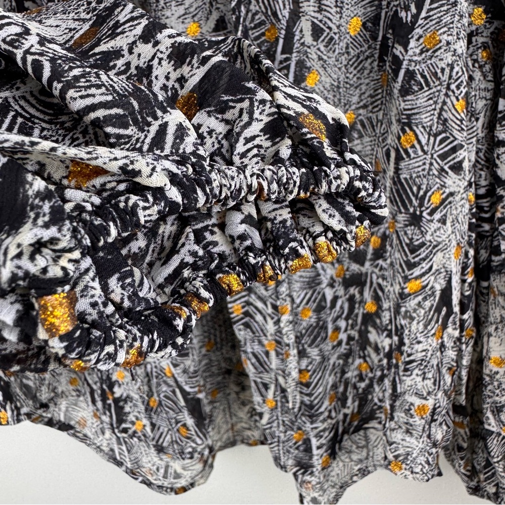 Love stitch long sleeve bohemian boho peasant blouse gold metallic print Sz S - Picture 7 of 15